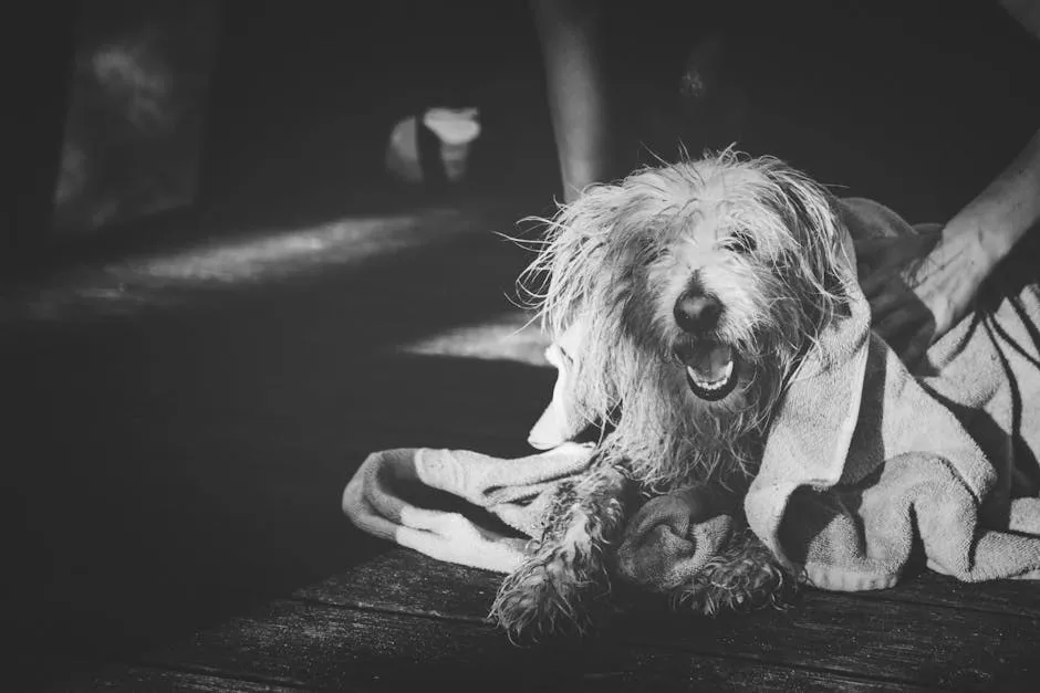 Adorable wet dog being dried with a towel outdoors, captured in black and white.