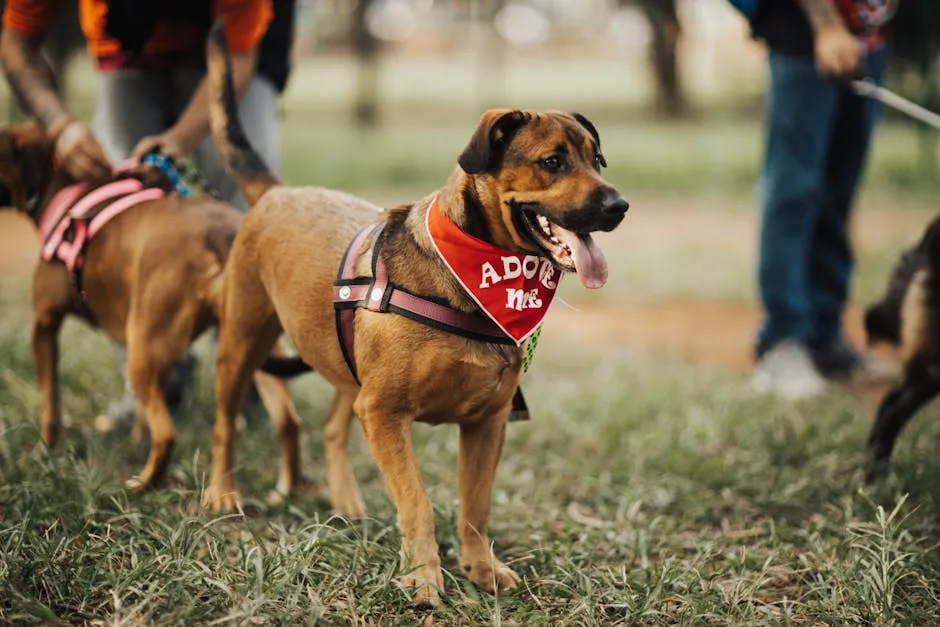 A friendly dog wearing an 'Adopt Me' bandana at a park, seeking a new home.