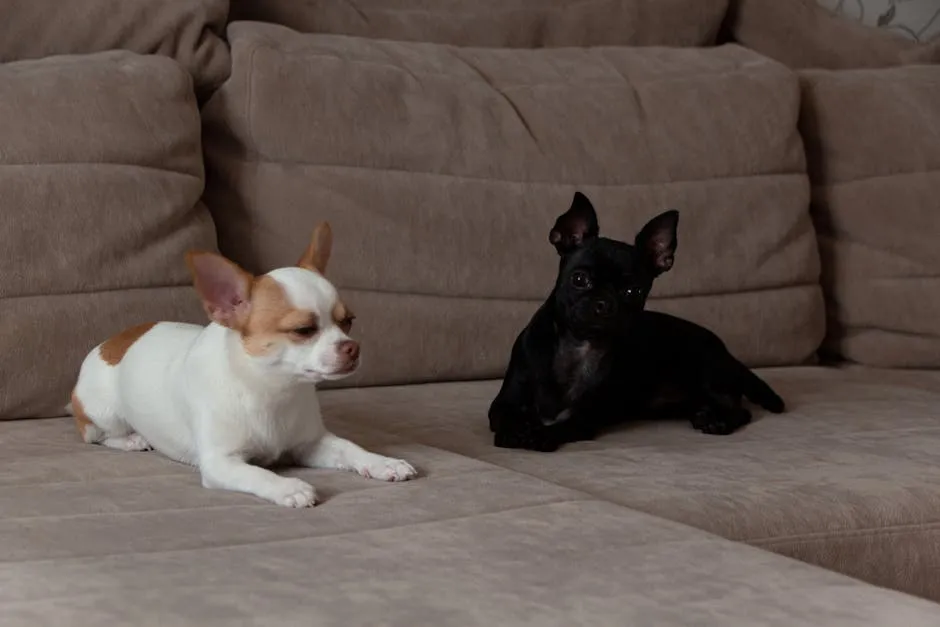 Two adorable chihuahuas relaxing on a beige sofa in a cozy indoor setting.