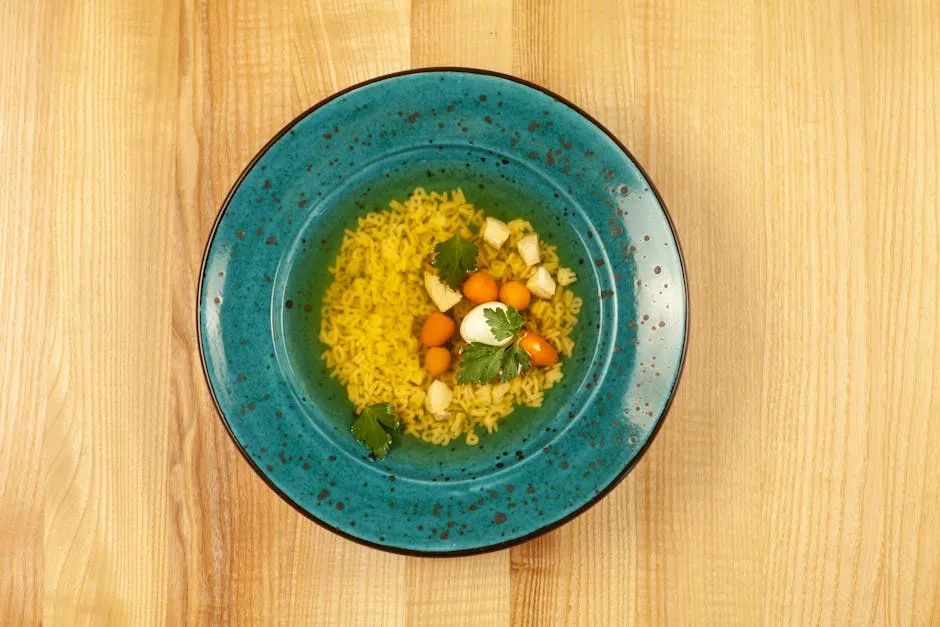 Delicious chicken noodle soup in a blue bowl with fresh greens and vegetables from above.