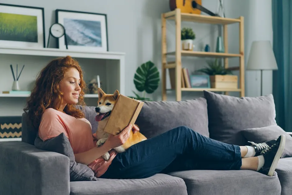 A woman with red hair enjoys reading with her dog on a comfortable sofa at home.