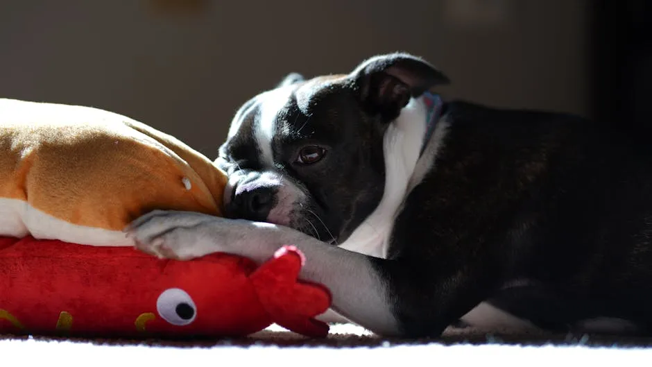 Adorable Boston Terrier puppy snuggling with plush toys indoors.