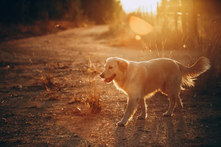 Golden Retriever enjoying a walk in a sunlit field during sunset, creating a warm and peaceful atmosphere.