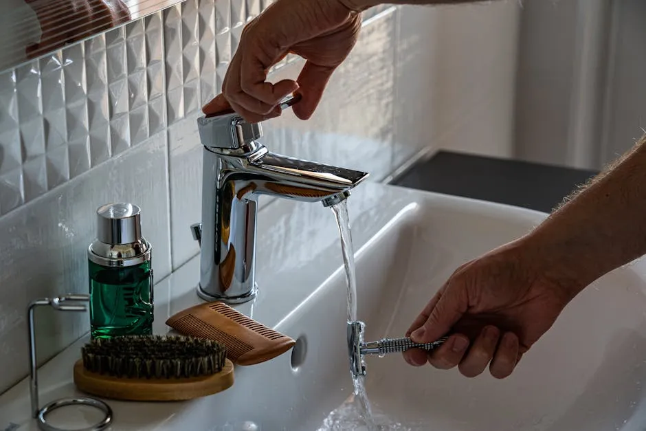 A man's hands adjust the faucet in a bathroom, surrounded by grooming tools like a comb and brush.