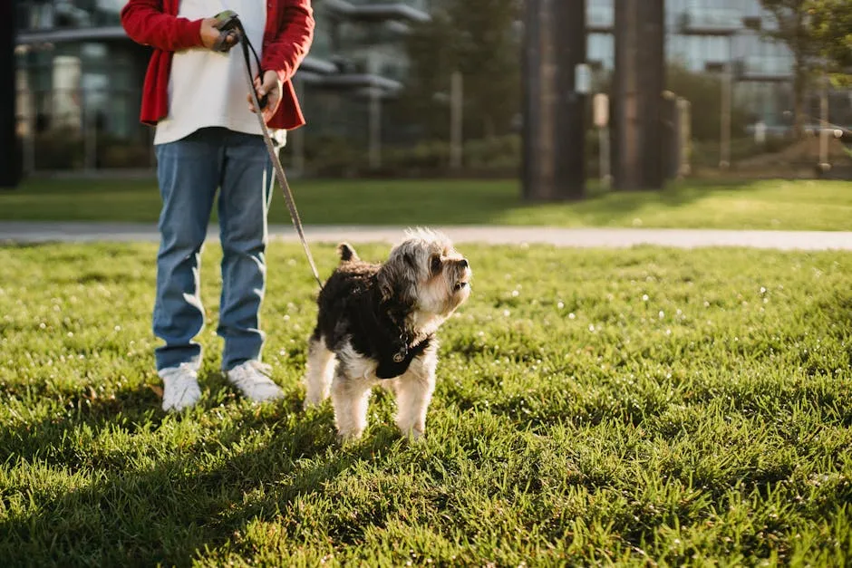A child in casual attire walking a small dog in an urban park during a sunny day.