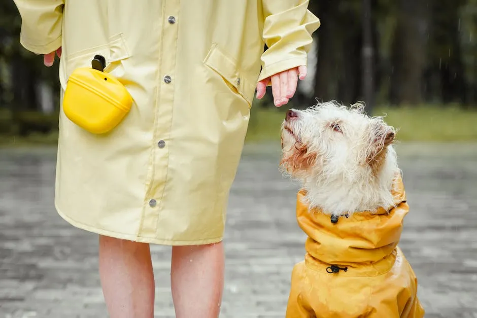 A woman and her dog in matching yellow raincoats enjoying a rainy day outdoors.