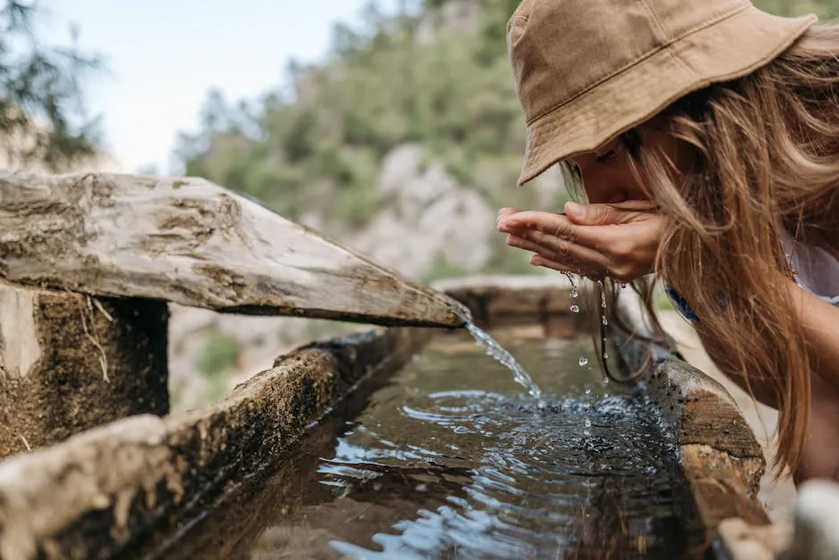 Woman in Brown Hat Drinking Water From a Fountain