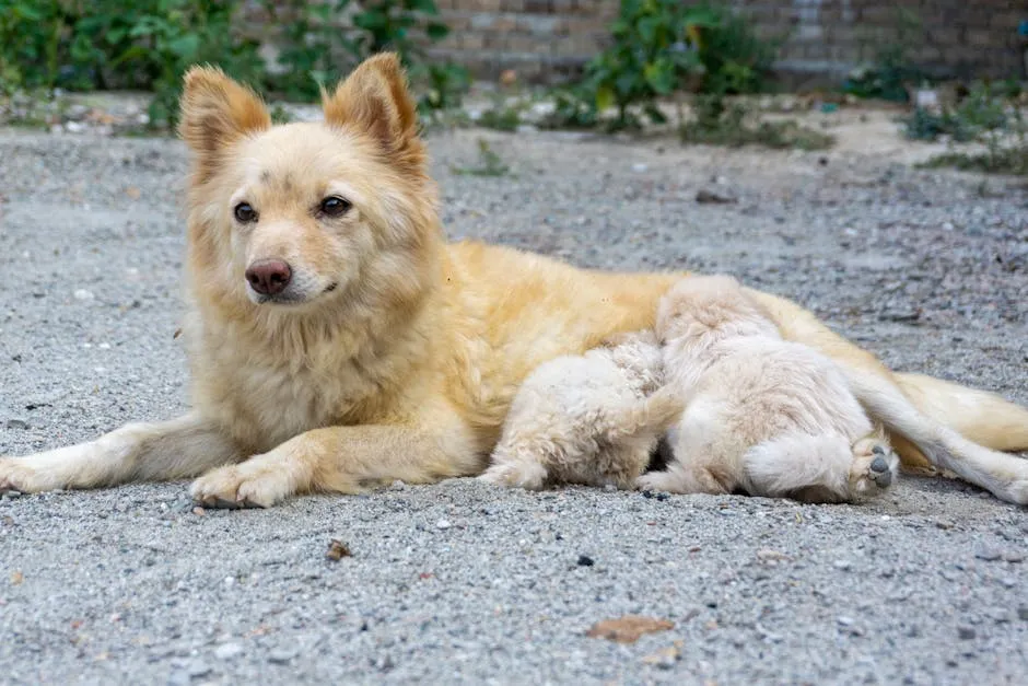 A mother dog lies on a gravel ground while nursing her puppies in an outdoor rural area.