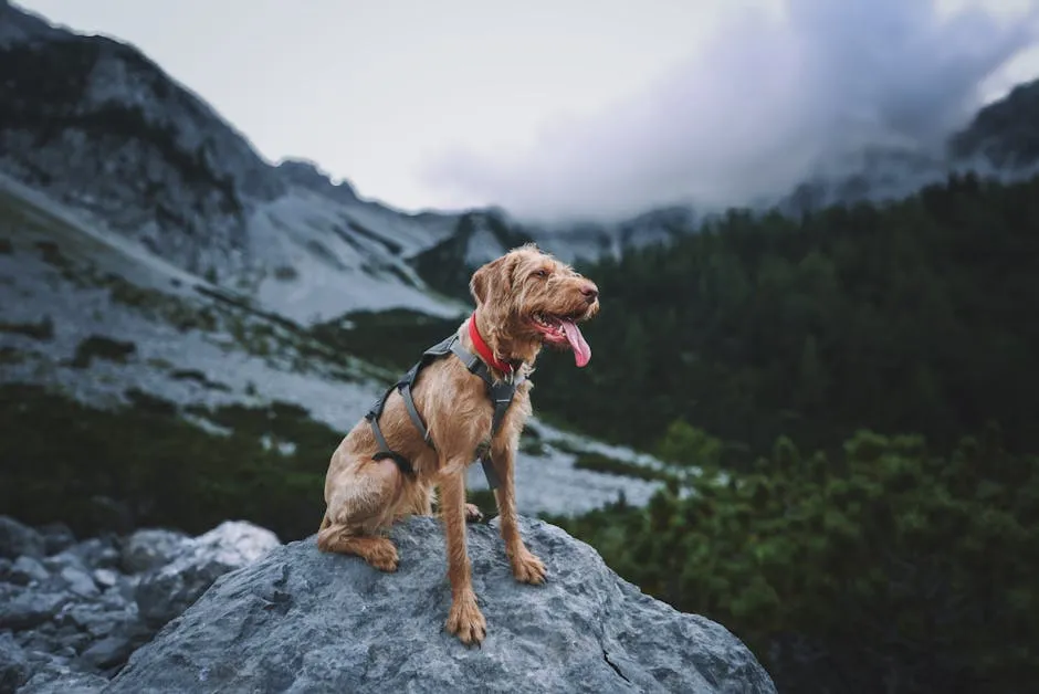 A scruffy dog with a harness sitting on a rock in a foggy mountain landscape during summer.