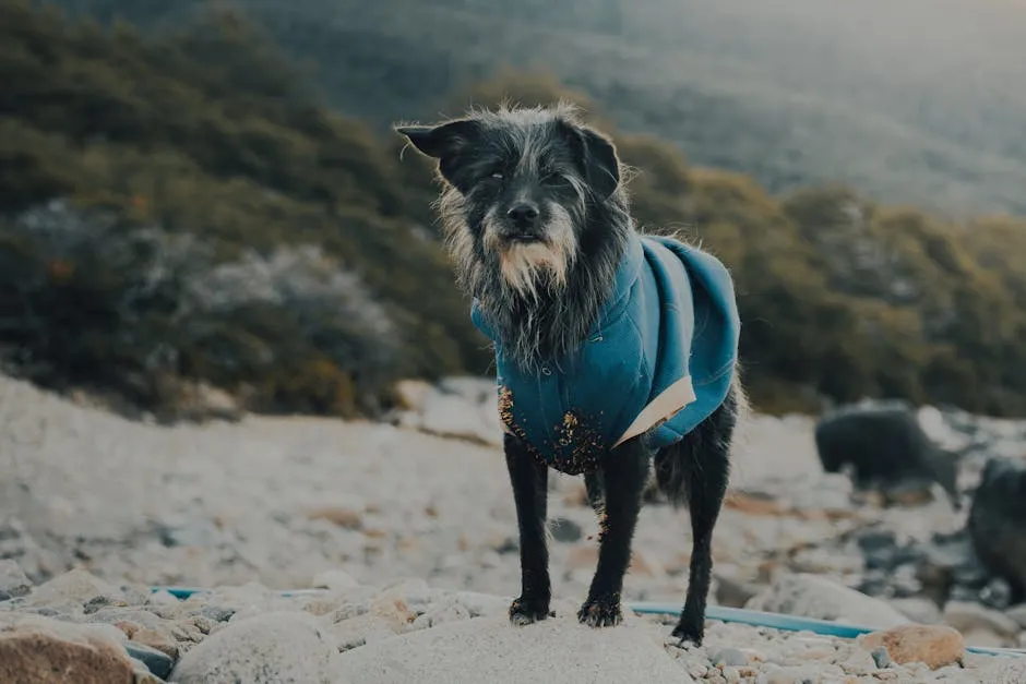 Dog in Clothes on Stones