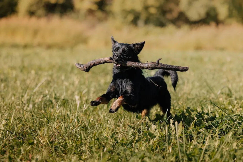 Dog Running with Stick on Field