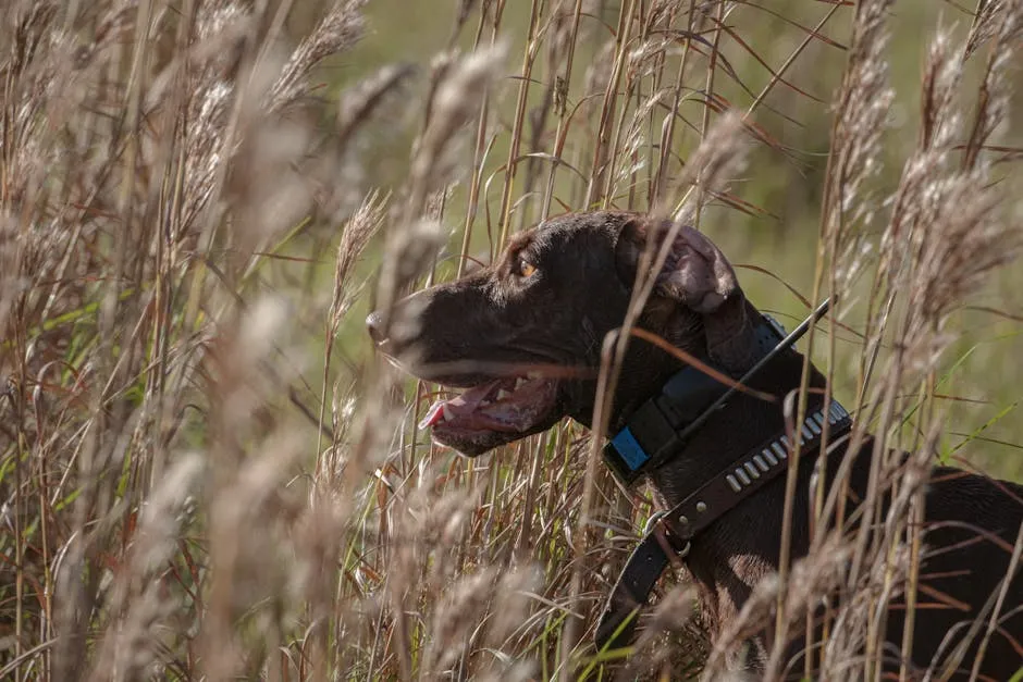 A German Shorthaired Pointer joyfully explores a field of tall grass.