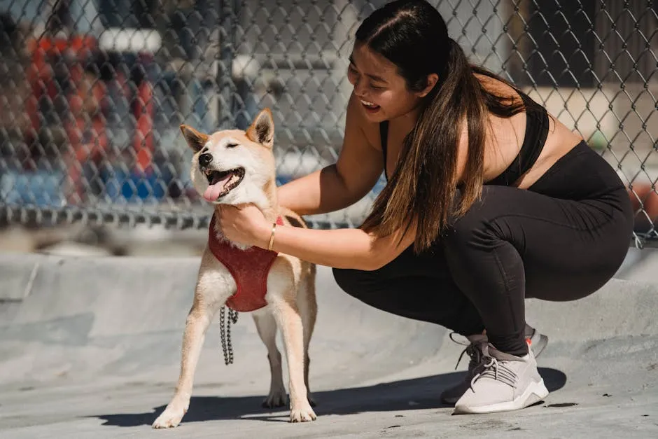 Cheerful woman enjoying time with her Shiba Inu dog at a sunny outdoor location.