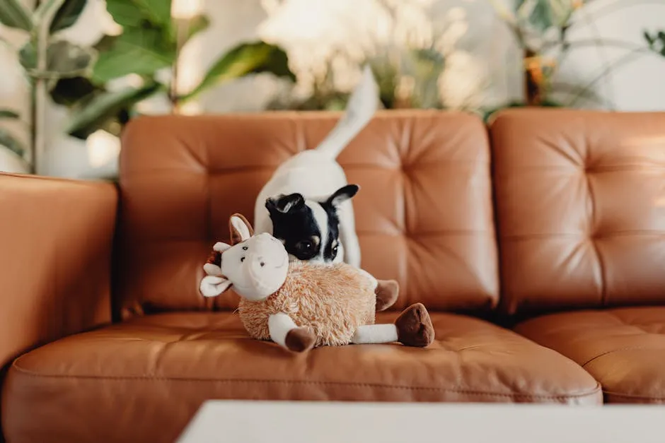 A Dog with a Toy on a Sofa