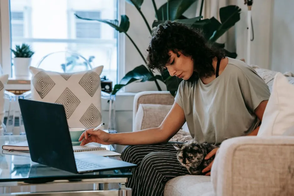 Side view of young focused ethnic female student sitting on comfortable sofa and caressing cat while doing homework assignment using laptop in cozy living room