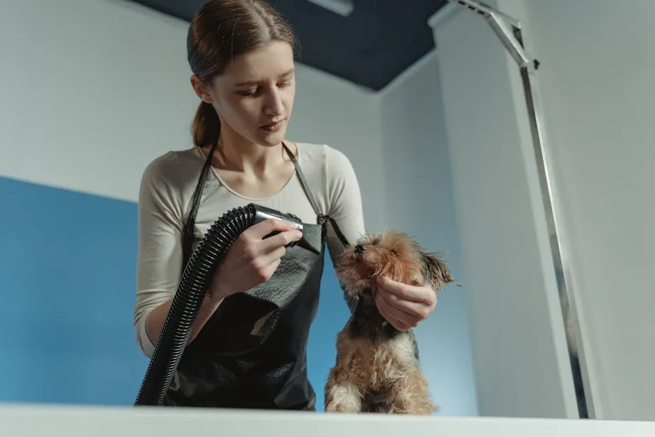 Professional dog groomer trims a Yorkshire Terrier's fur in an indoor setting.