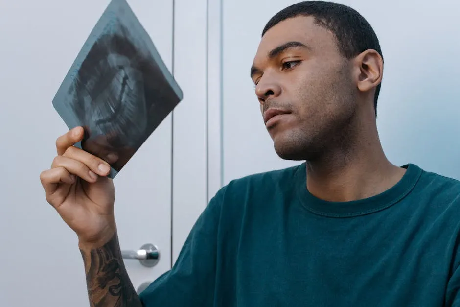 A man closely examines a dental x-ray, focusing on his dental care.