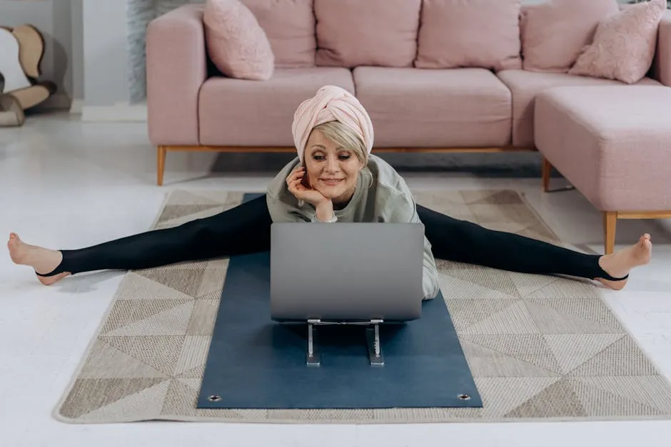 A senior woman enjoys a relaxing yoga session indoors, stretching while using her laptop.