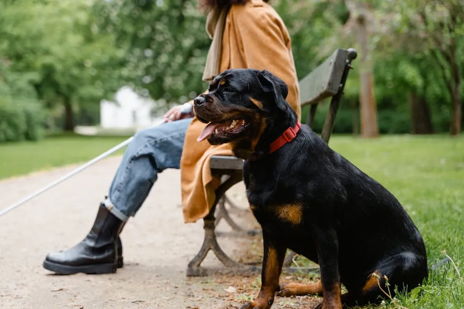 A Rottweiler guide dog sitting beside its owner in a serene park setting.