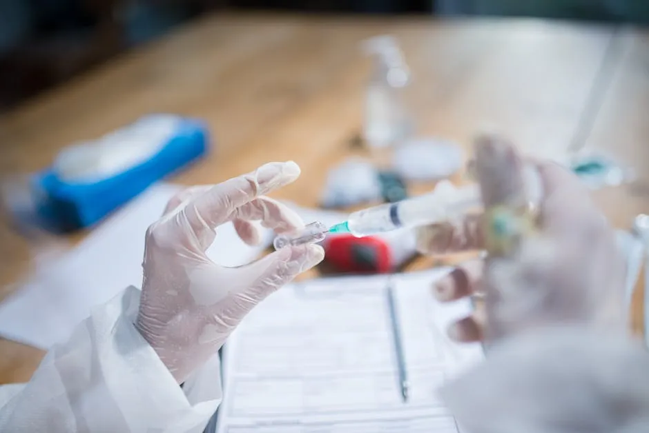 Healthcare professional preparing a syringe with medicine, focusing on precision and safety.