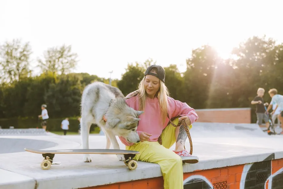 Woman and her Siberian Husky enjoy a sunny day at the skatepark, capturing the essence of friendship and outdoor fun.