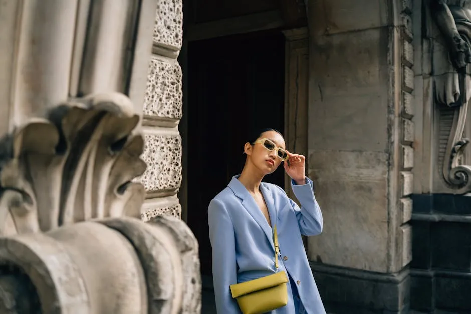 Stylish woman in blue suit and sunglasses poses by ornate architecture, exuding elegance.