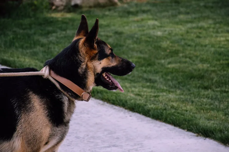 A German Shepherd dog standing on a leash outdoors, enjoying a sunny day.