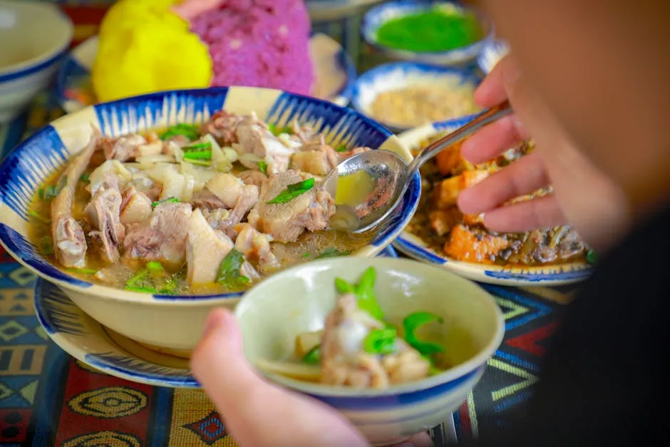 Close-up of a flavorful chicken soup being served at a vibrant dinner setup.