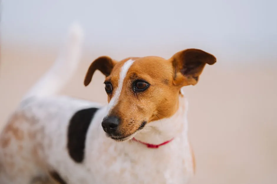 Close-up portrait of a beagle dog with a collar against a beach background.