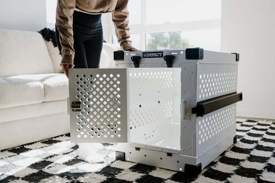 A person adjusts a durable dog crate in a bright living room, showcasing premium design and pet safety.