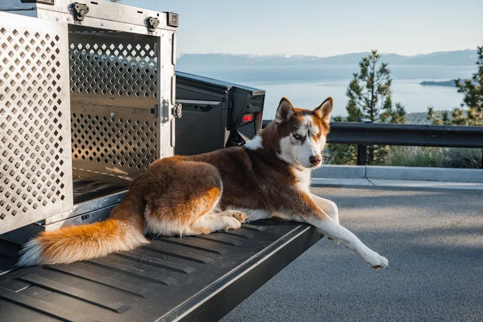 Siberian Husky Relaxing by Lake Tahoe in Truck Bed