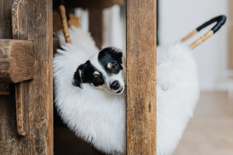 Adorable terrier puppy lounging on a fluffy white bed indoors, embodying peace and comfort.