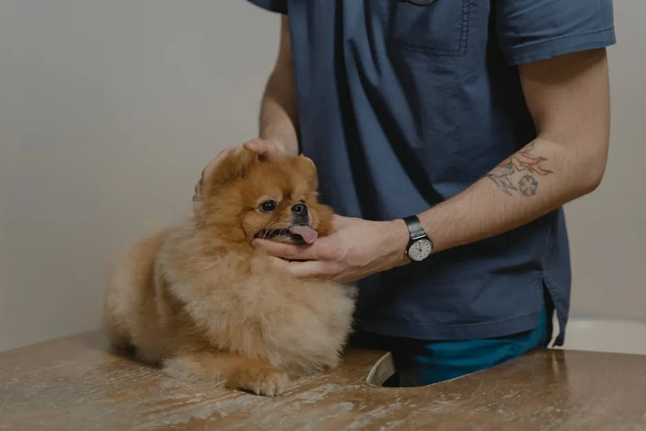 A veterinarian examines a fluffy Pomeranian dog on a table, providing care and comfort.