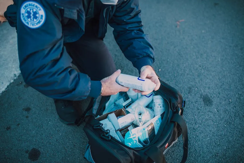 Emergency responder organizing medical supplies from a kit in an outdoor setting.