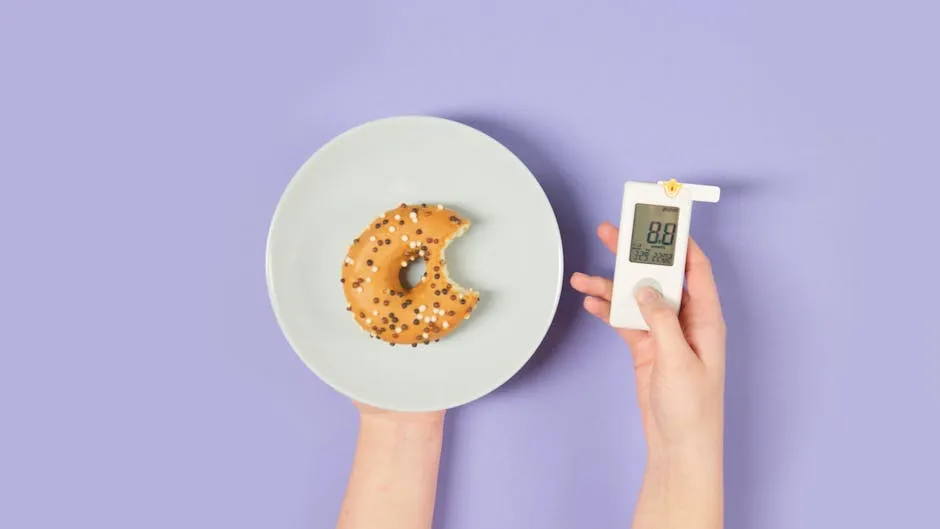A bitten donut on a plate and a glucometer symbolizing sugar levels and diabetes awareness.