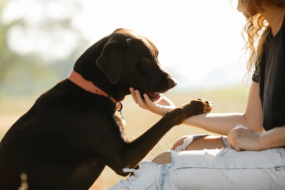 A woman and her brown dog bonding outdoors in sunlight, showcasing affection and companionship.