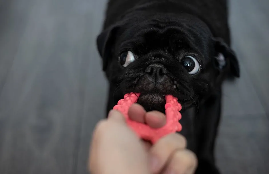 A playful black pug tries to grab a pink toy held by a hand in an indoor setting.