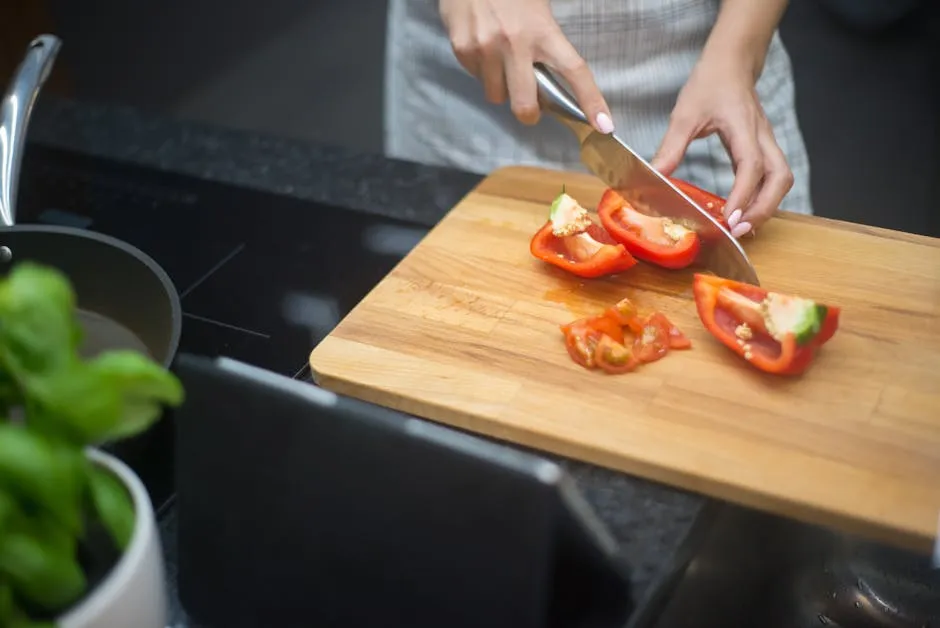 A Person Slicing Red Bell Pepper