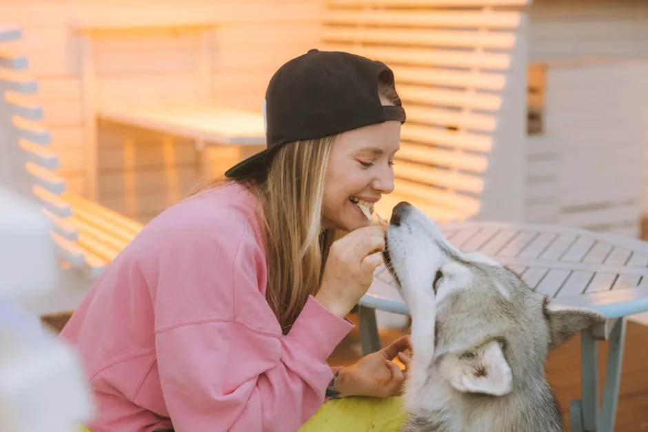 Young woman joyfully bonding with her Siberian Husky outdoors, sharing a treat.