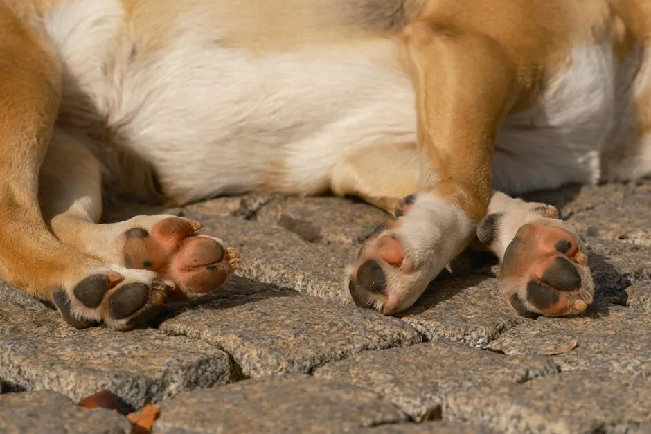 A close-up image of a sleeping dog's paws resting on cobblestones outdoors in daylight.