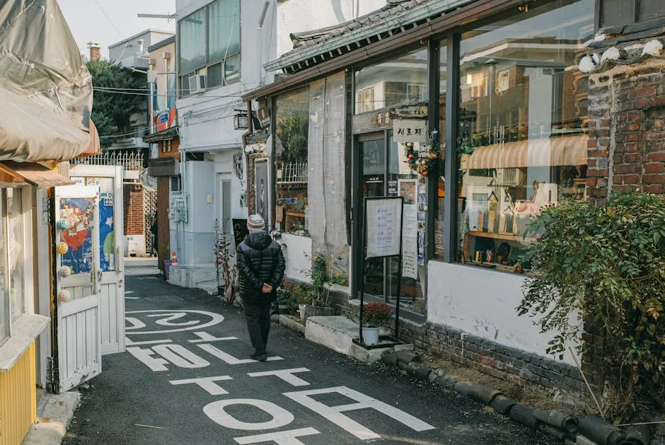 A pedestrian strolls down a quaint alley lined with shops in Seoul, capturing urban charm.