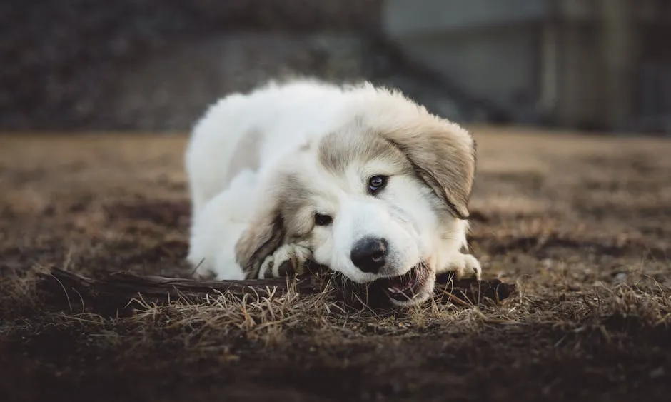 A cute fluffy puppy chewing on a stick, surrounded by dry grass outdoors.