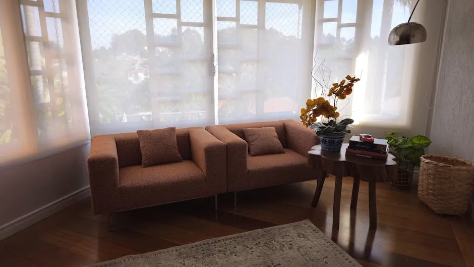 A living room with a couch and a table