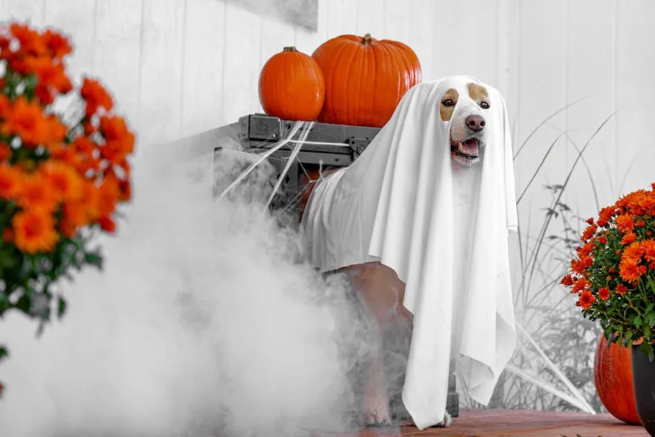 A dog dressed as a ghost poses with pumpkins and flowers, creating a Halloween vibe.