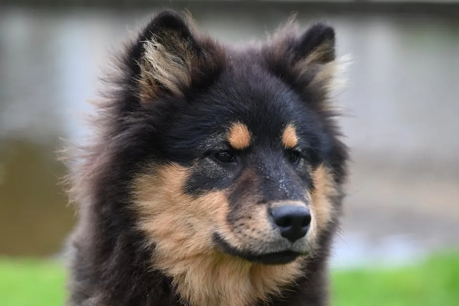 A Finnish Lapphund dog with a fluffy coat by a serene water background.