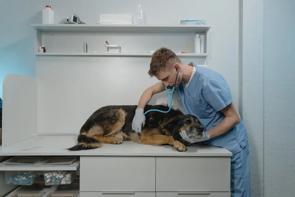 A veterinarian in scrubs examines a dog using a stethoscope in a clinic.