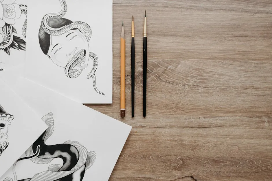 Pencil and Brushes Next to Drawings