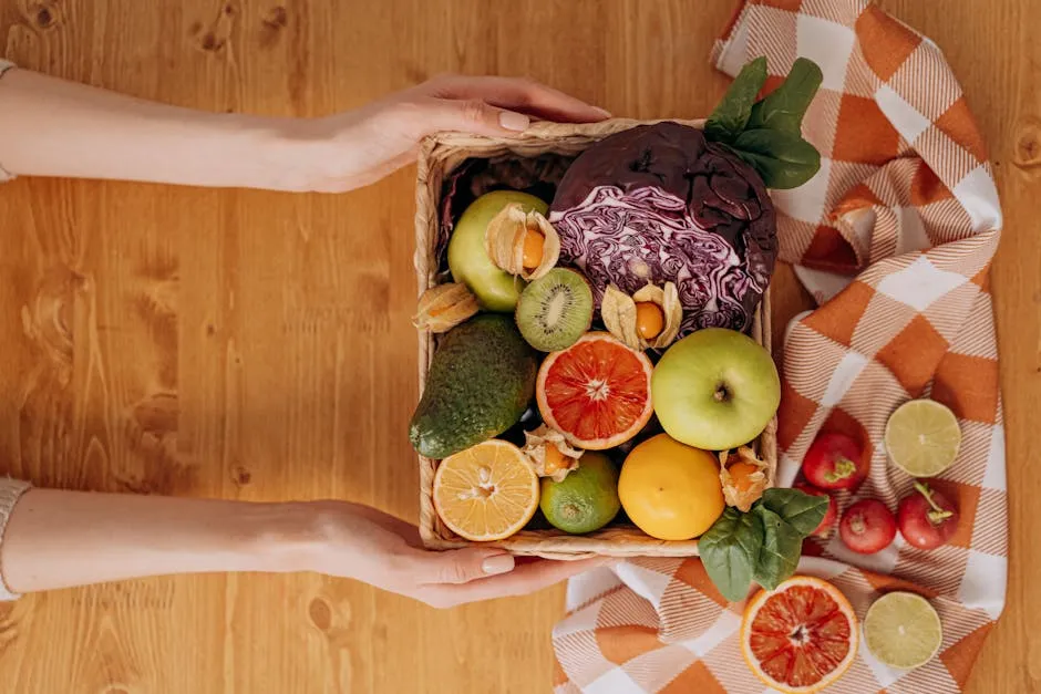 Vibrant basket of fresh fruits and vegetables with hands holding on a wooden table.