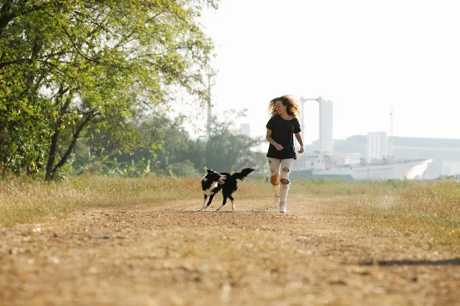 Joyful woman runs with her Border Collie on a sunny rural path, symbolizing companionship and happiness.