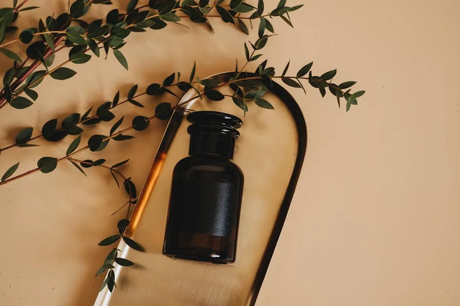 Brown Bottle With Lid on Wooden Tray Near Green Leaves